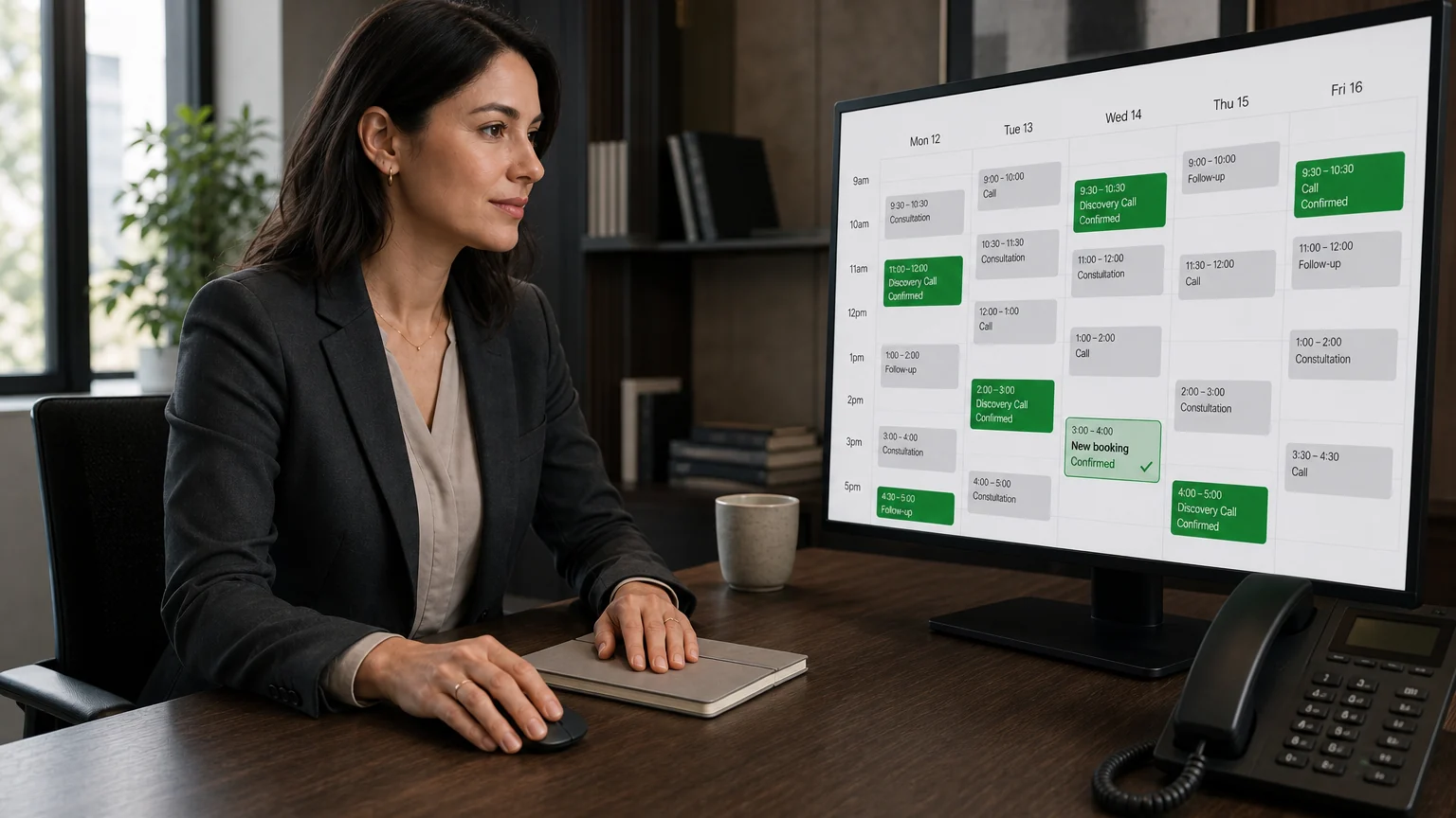 A corporate professional calmly managing a full organised calendar with an executive desk phone