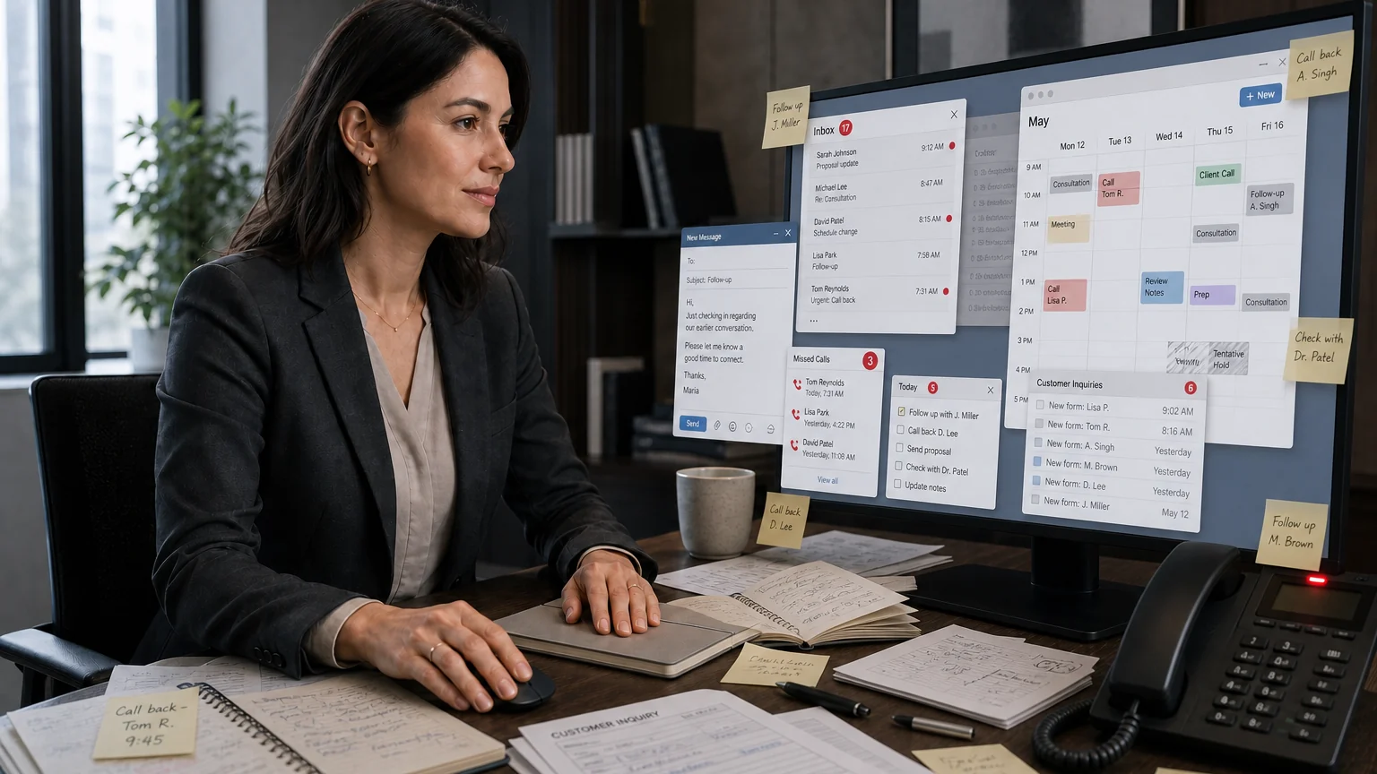 The same professional surrounded by callback notes, conflicting diaries and fragmented customer systems