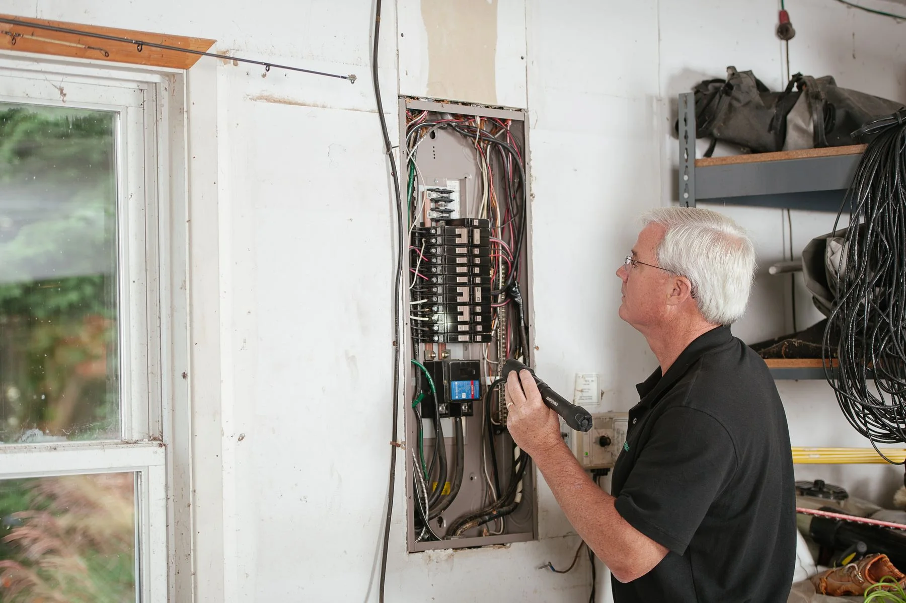 An electrician inspecting an open residential consumer unit